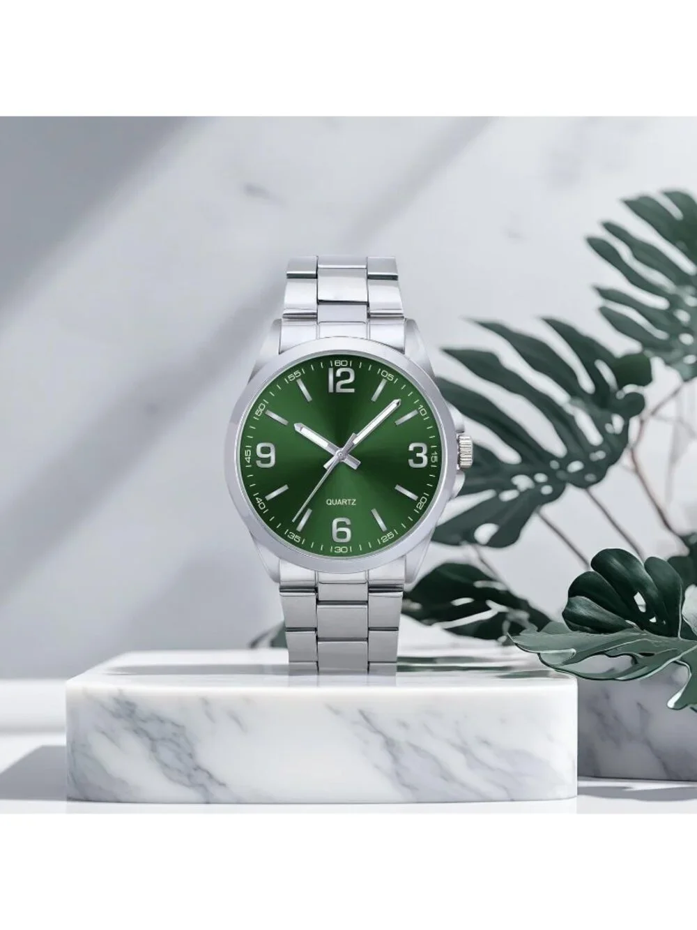 Men's Silver And Green Analog Stainless Steel Case Arabic Numerals Classic Watch